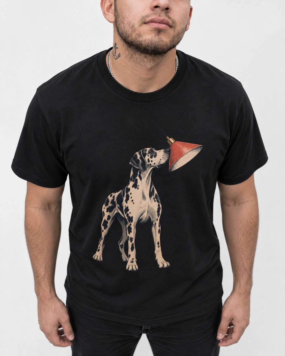 Great Dane Inspecting Hanging Lamp Graphic T-Shirt in Black, worn by a model, front view