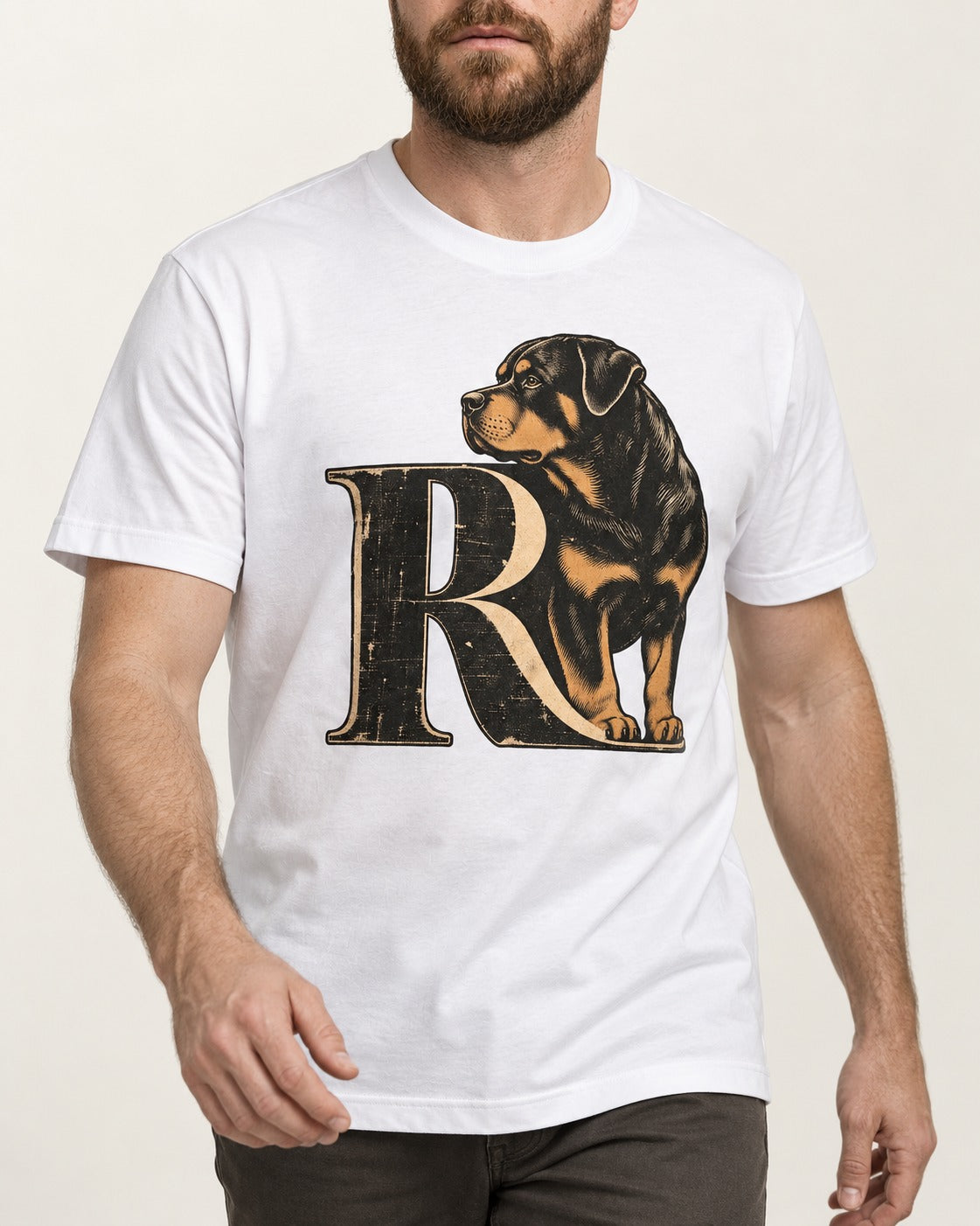 Rottweiler Pride T-Shirt in White, worn by a model, front view
