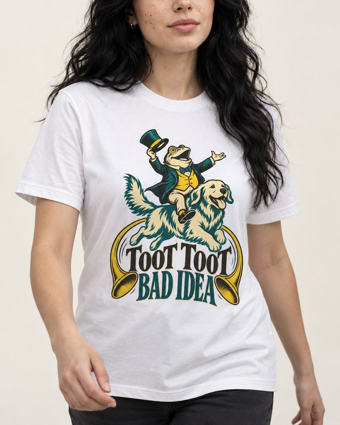 Golden Retriever Toot Toot Bad Idea T-Shirt in White, worn by a model, front view