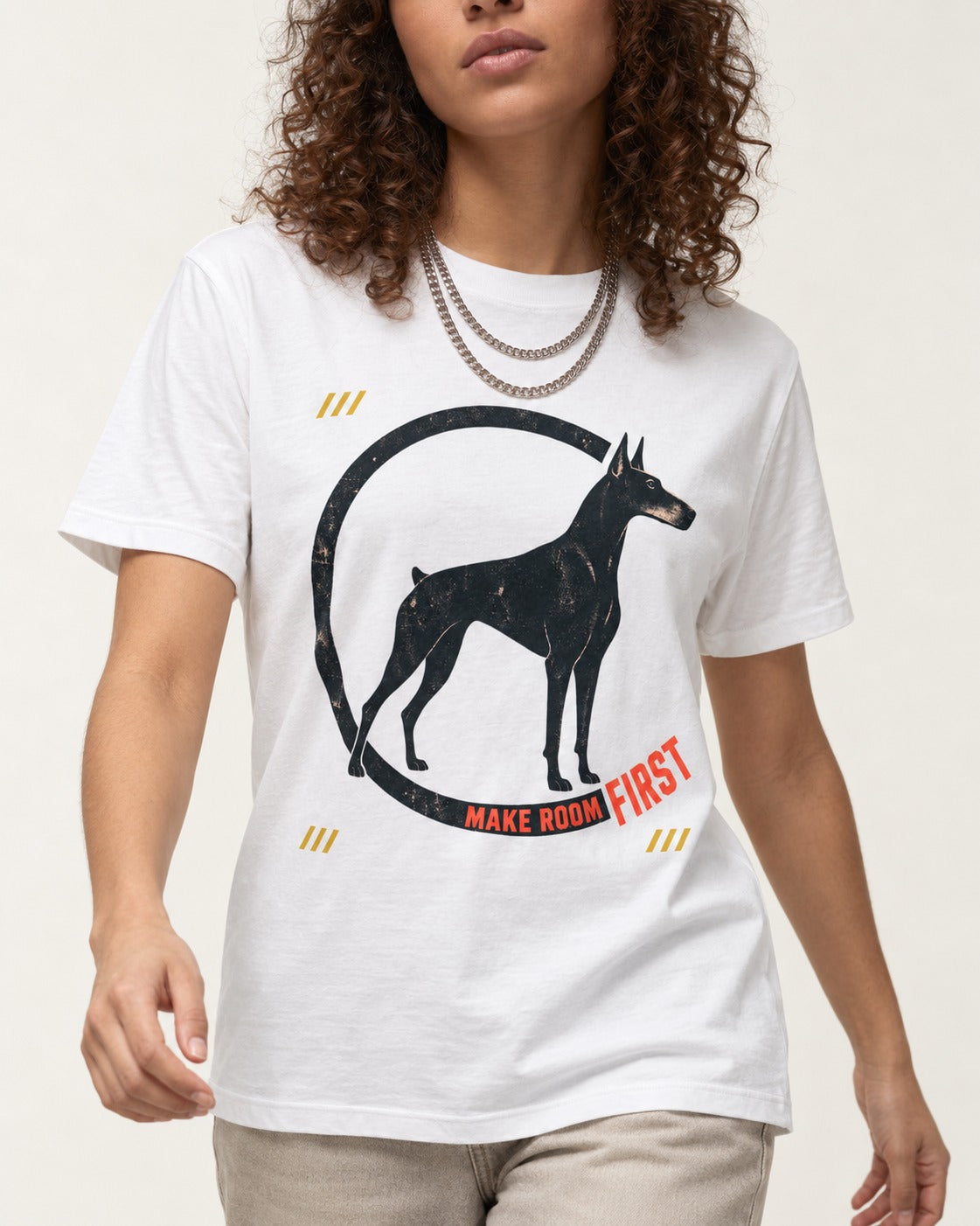 Make Room First Doberman T-Shirt in White, worn by a model, front view