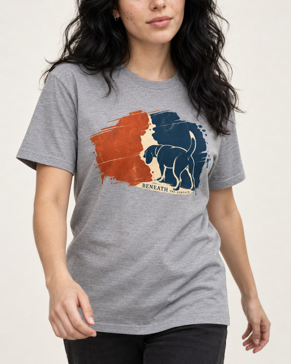 Beagle Beneath The Surface Scent Trail T-Shirt in Sport Grey, worn by a model, front view