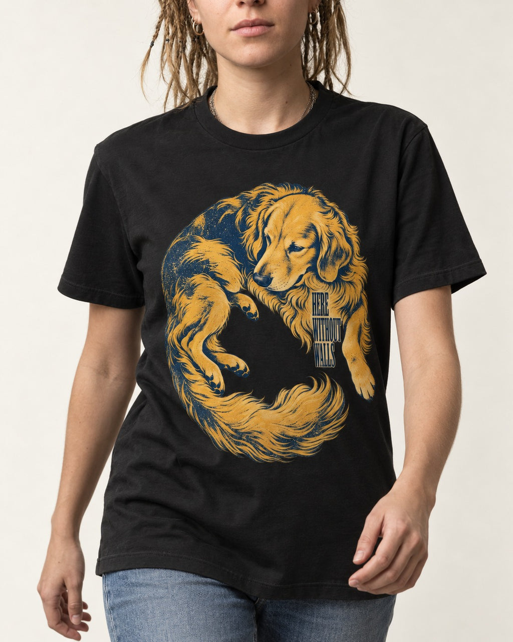Golden Retriever Here Without Walls Curled Portrait Graphic T-Shirt in Black, worn by a model, front view