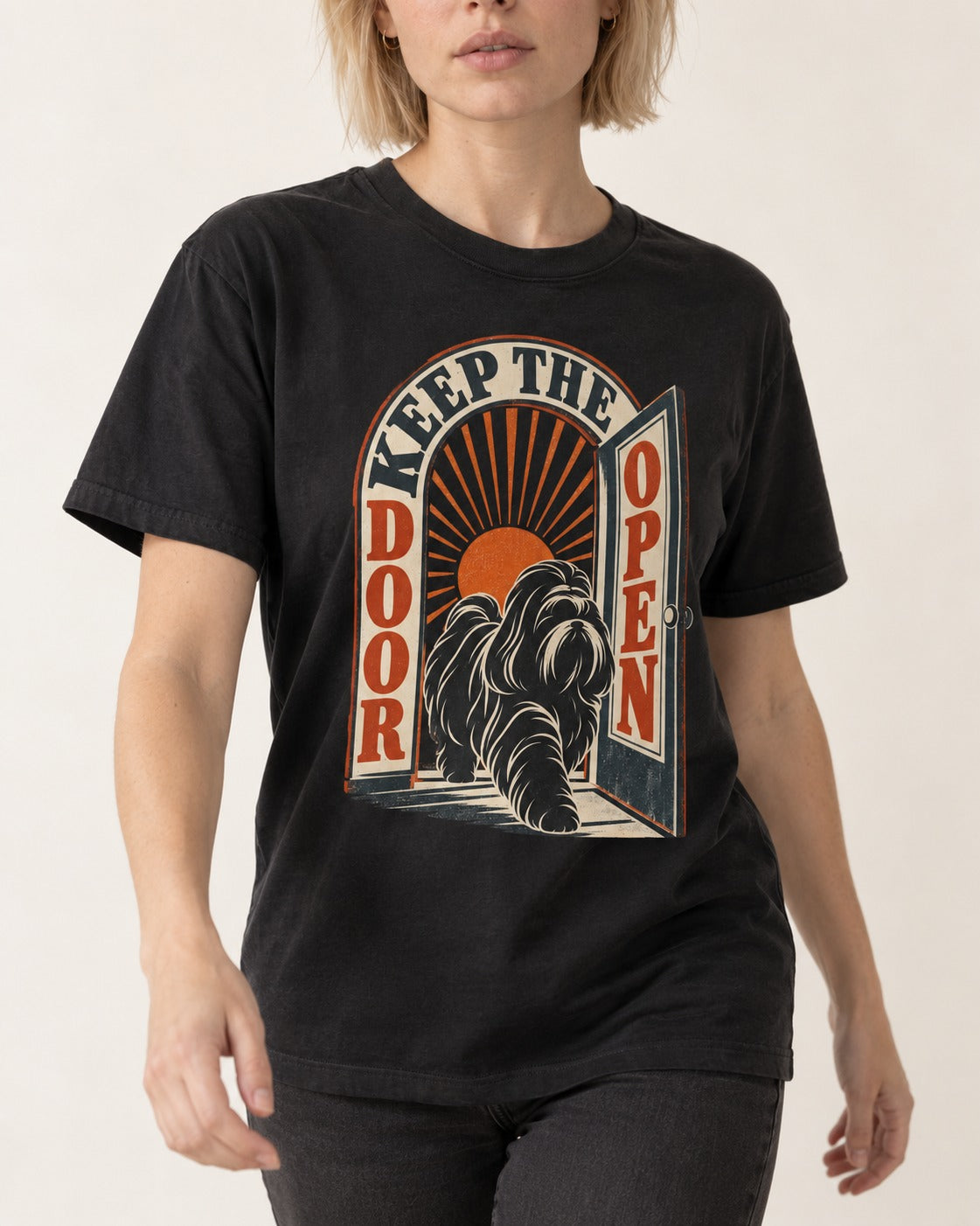 Shih Tzu Keep the Door Open Retro Doorway Graphic T-Shirt in Black, worn by a model, front view