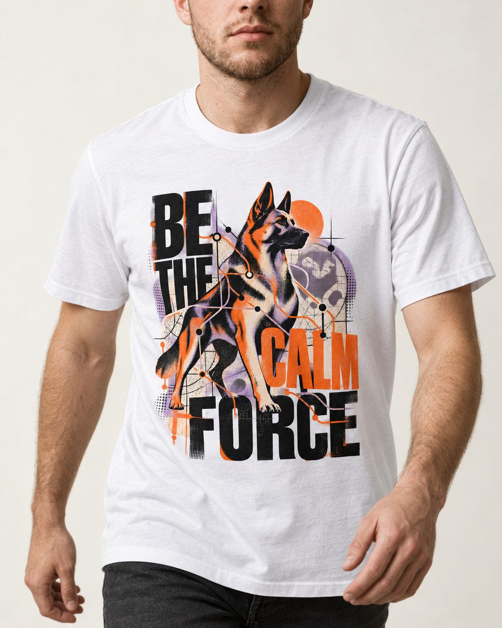 Be the Calm Force German Shepherd Dog T-Shirt in White, worn by a model, front view