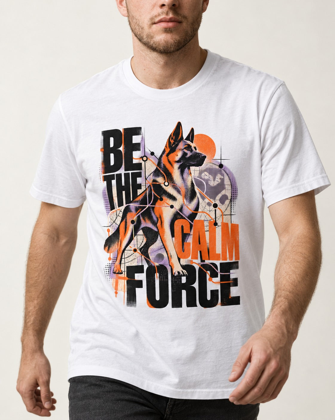 Be the Calm Force German Shepherd Dog T-Shirt in White, worn by a model, front view