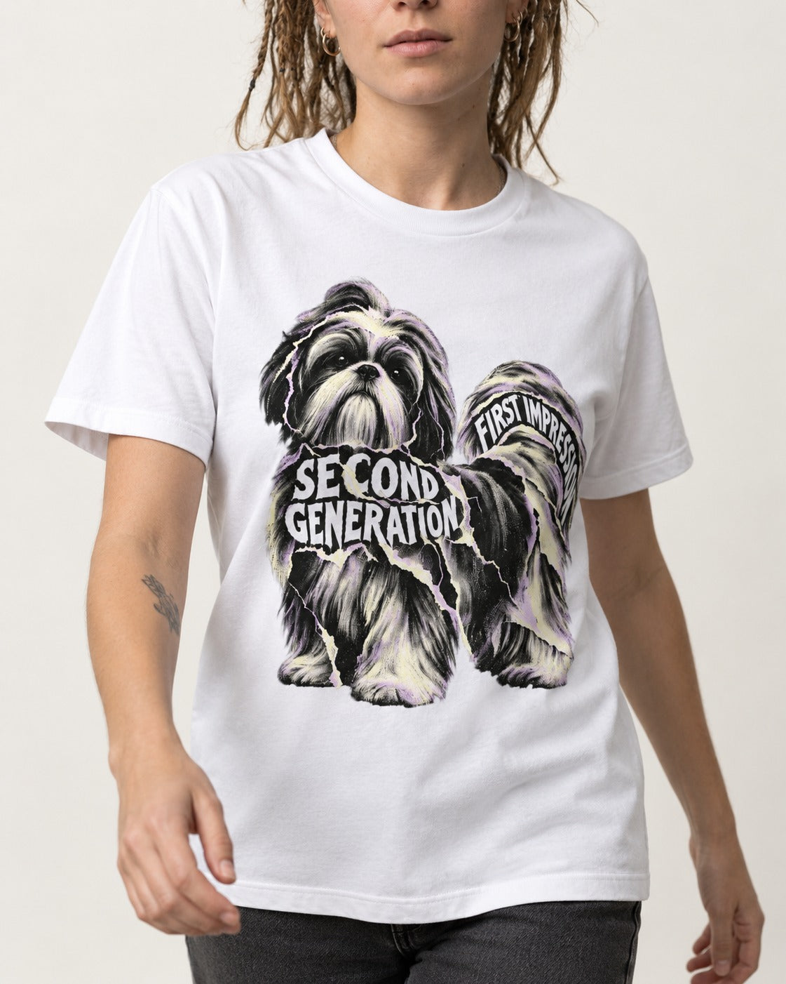 Second Generation Shih Tzu T-Shirt in White, worn by a model, front view
