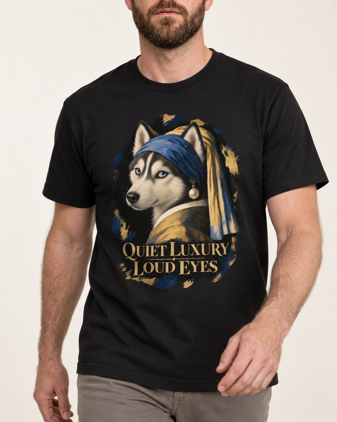 Husky Quiet Luxury Loud Eyes Pearl Portrait Graphic T-Shirt in Black, worn by a model, front view
