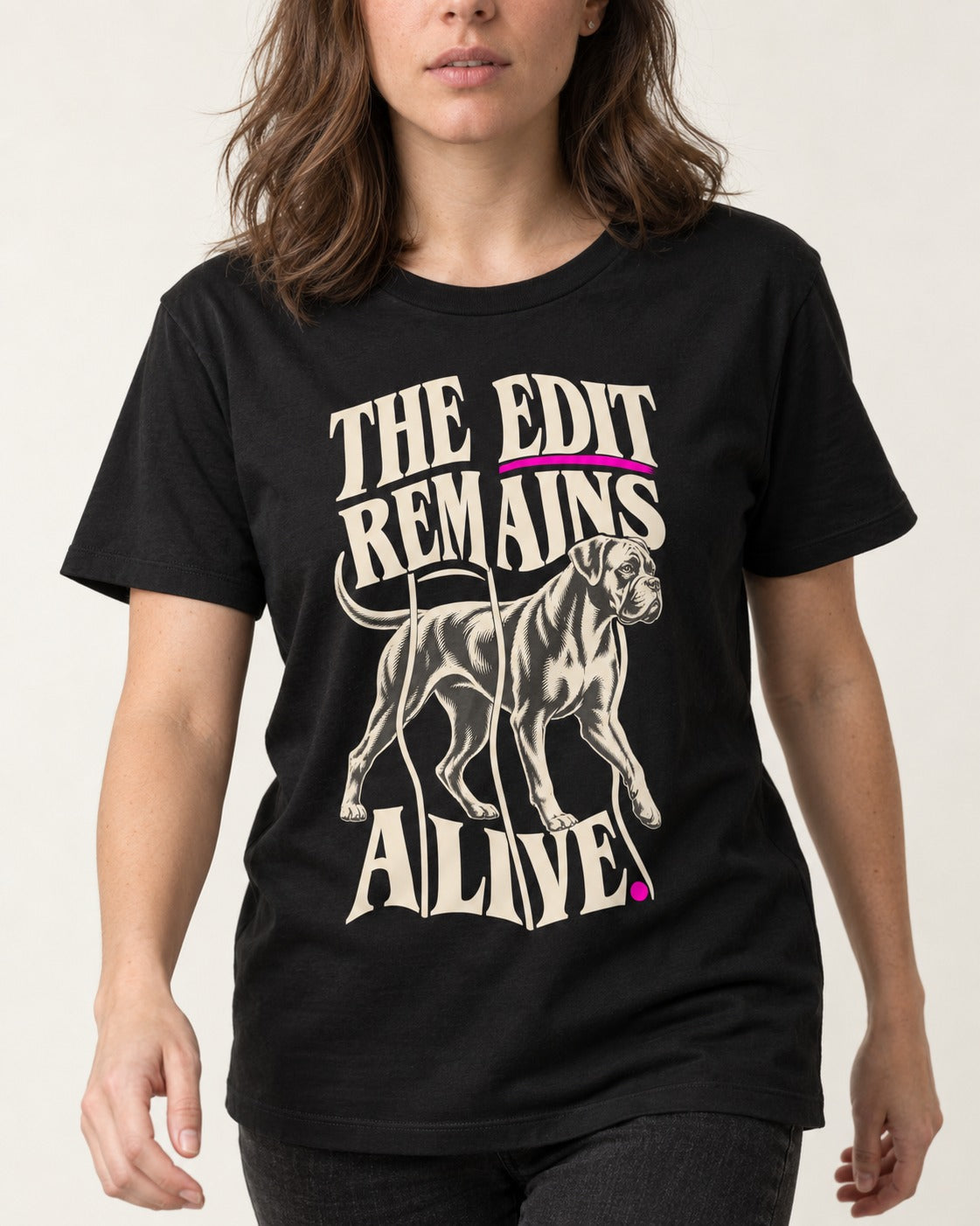 The Edit Remains Alive Boxer T-Shirt in Black, worn by a model, front view