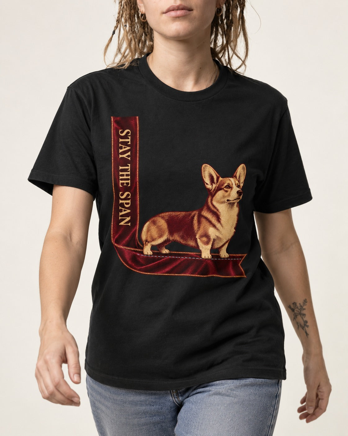 Corgi Stay the Span Ribbon T-Shirt in Black, worn by a model, front view