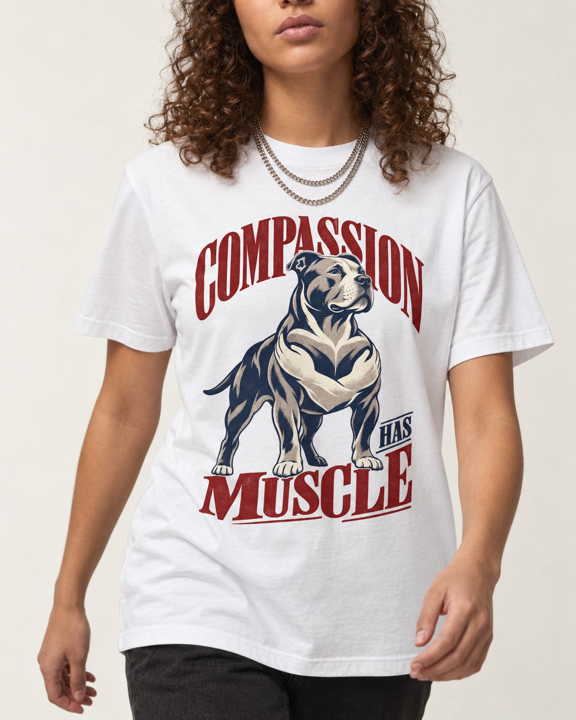 Pitbull Compassion Has Muscle T-Shirt in White, worn by a model, front view