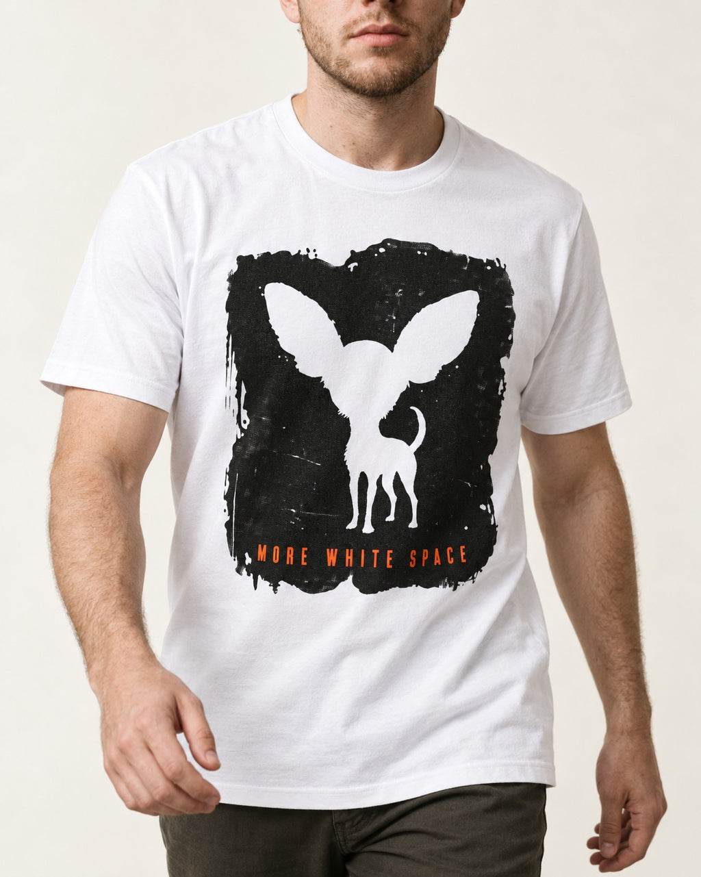 More White Space Chihuahua T-Shirt in White, worn by a model, front view