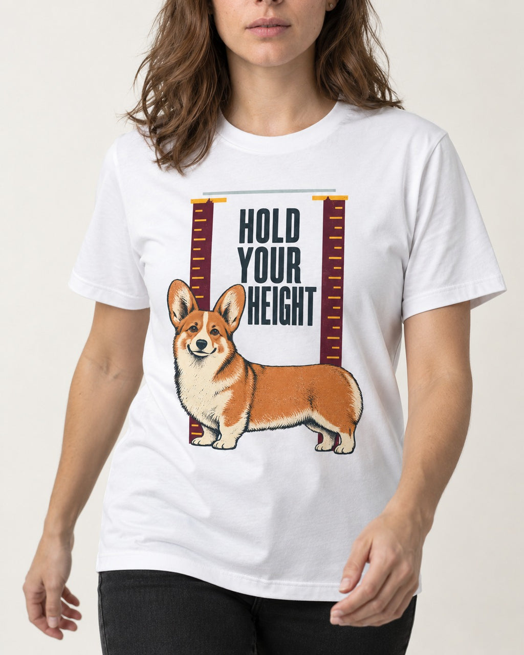 Corgi Hold Your Height T-Shirt in White, worn by a model, front view