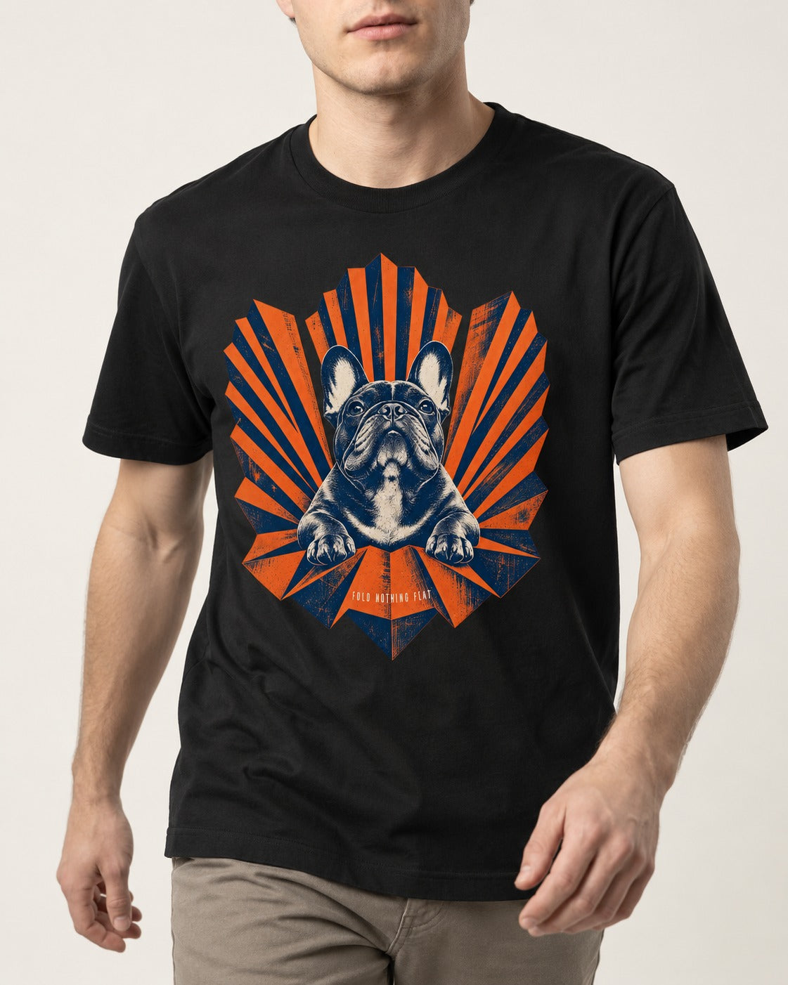 Frenchie Fold Nothing Flat Geometric Fan Graphic T-Shirt in Black, worn by a model, front view