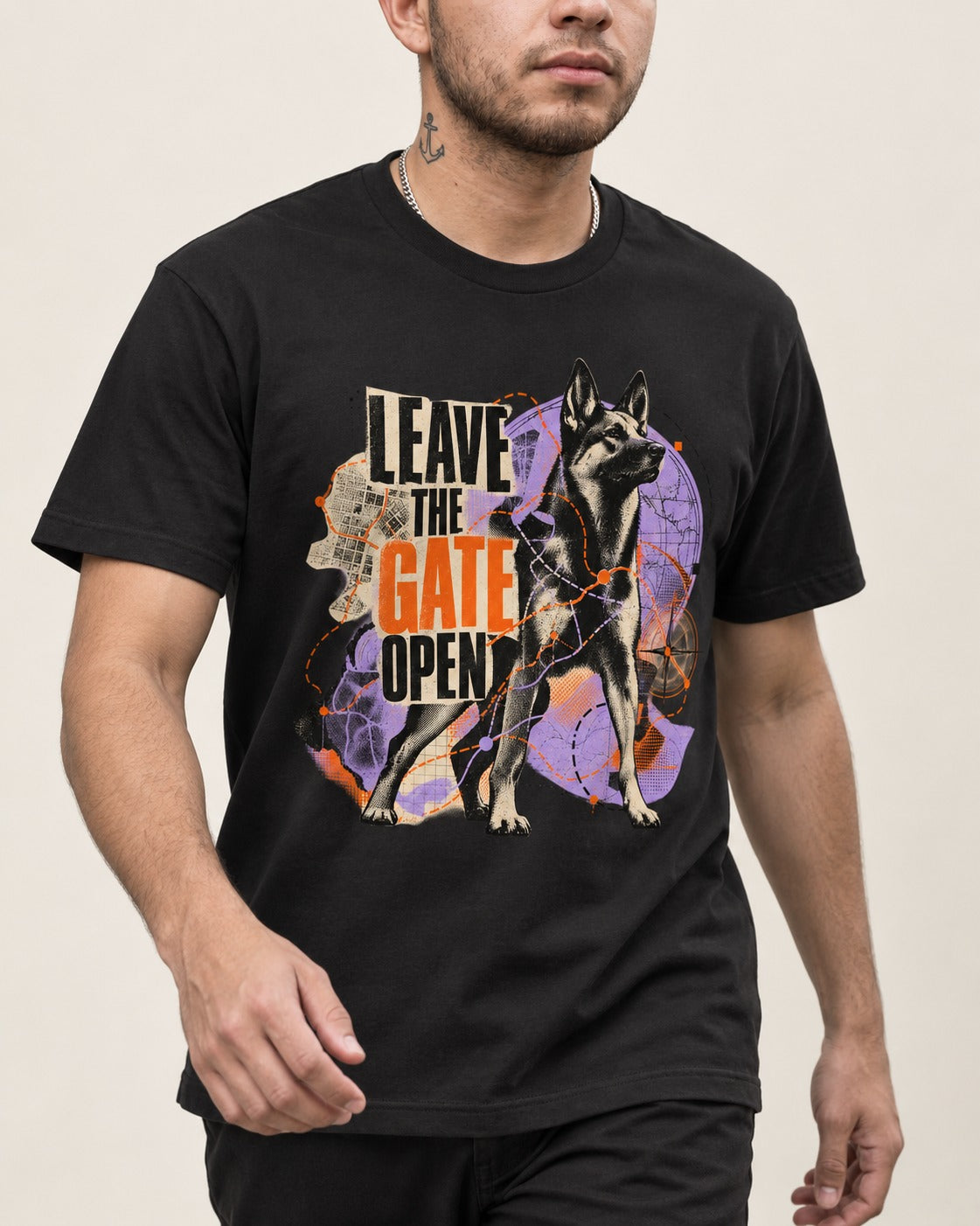 Leave The Gate Open Transit Collage German Shepherd Dog Graphic T-Shirt in Black, worn by a model, front view