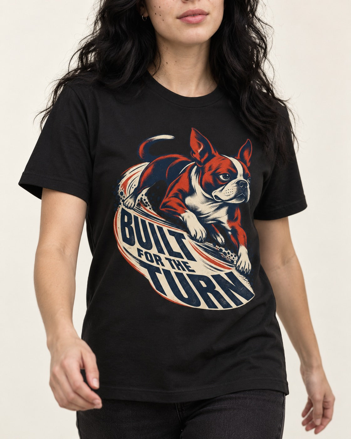 Built for the Turn Boston Terrier T-Shirt in Black, worn by a model, front view