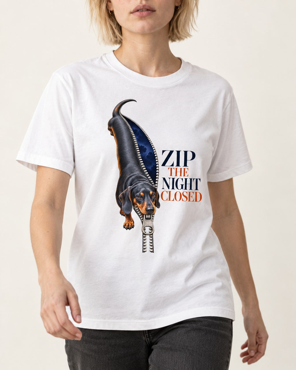 Zip the Night Closed Dachshund T-Shirt in White, worn by a model, front view