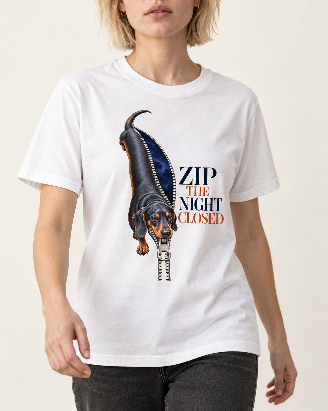 Zip the Night Closed Dachshund T-Shirt in White, worn by a model, front view