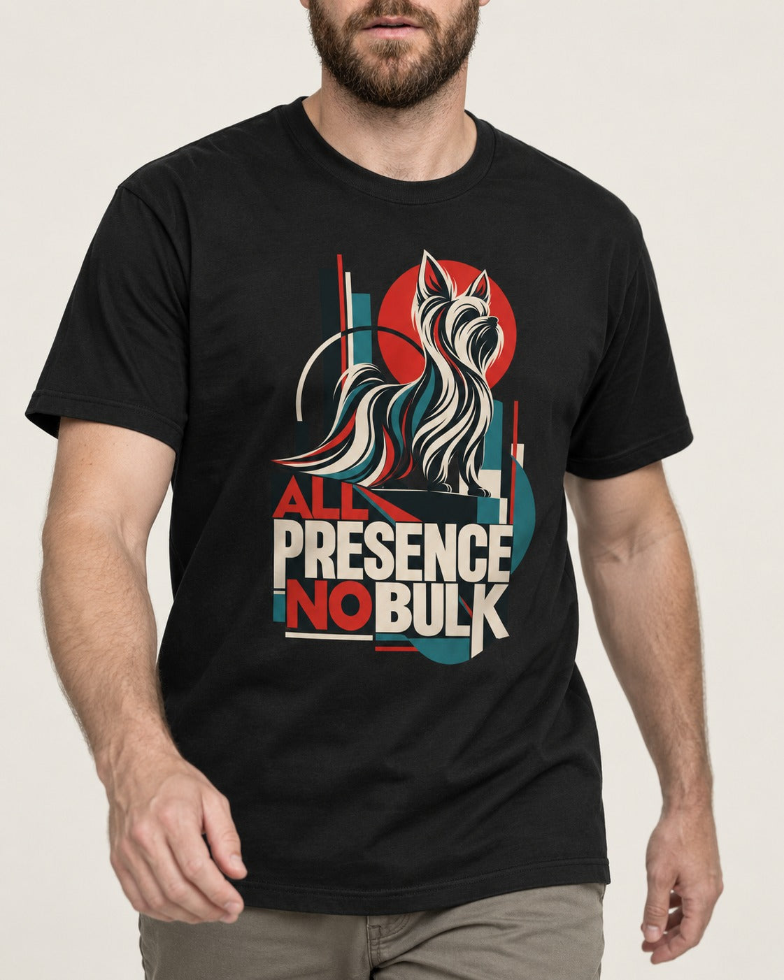 Yorkshire Terrier All Presence No Bulk Geometric Portrait Graphic T-Shirt in Black, worn by a model, front view