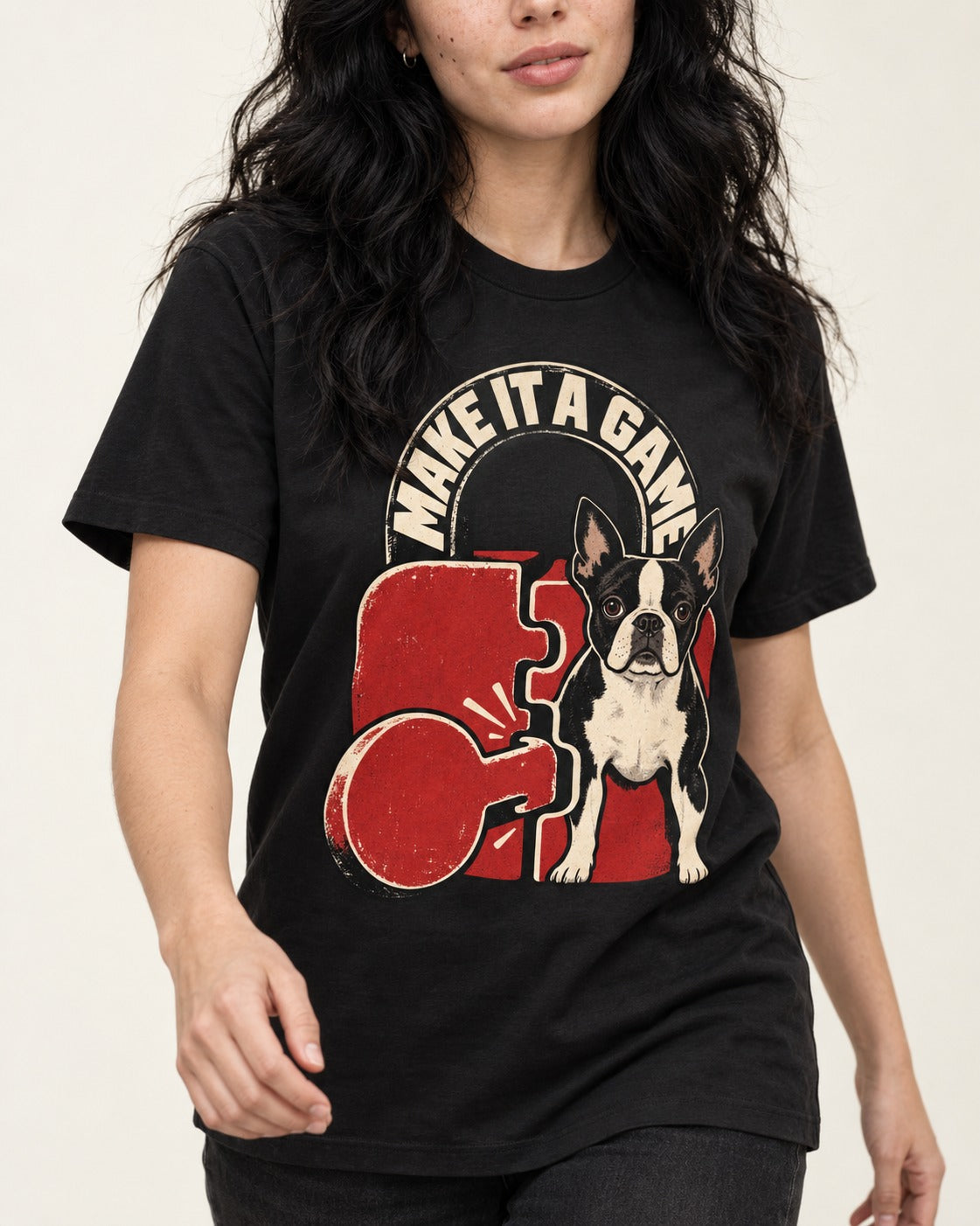 Boston Terrier Make It a Game T-Shirt in Black, worn by a model, front view