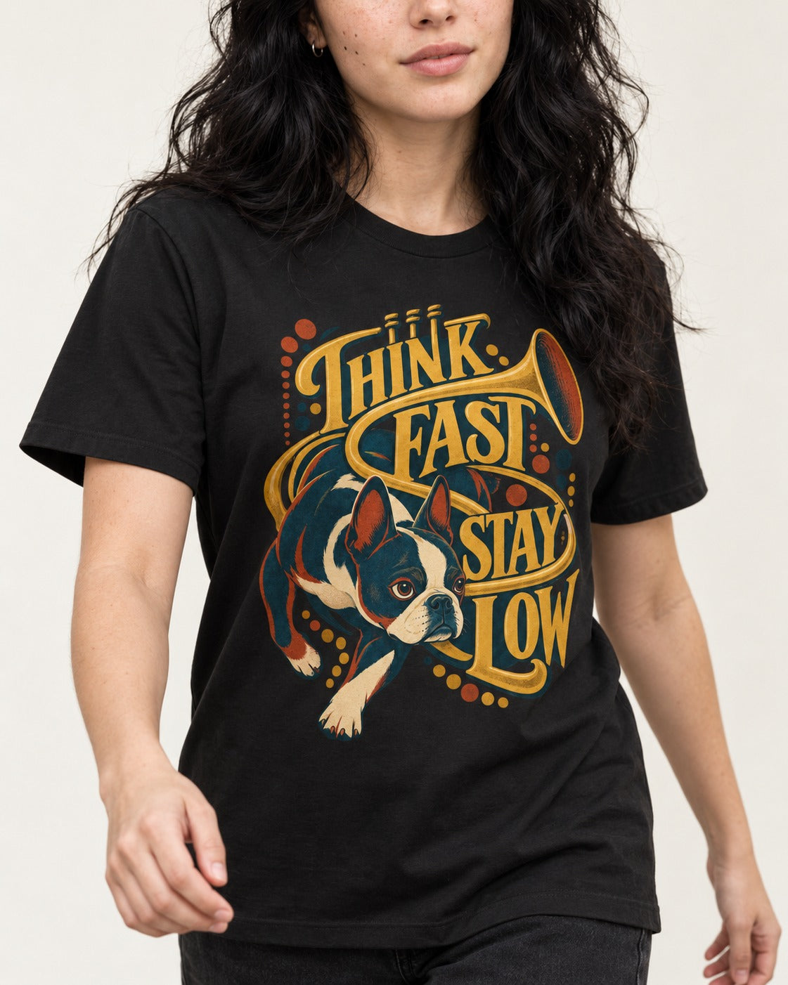 Boston Terrier Think Fast Stay Low T-Shirt in Black, worn by a model, front view