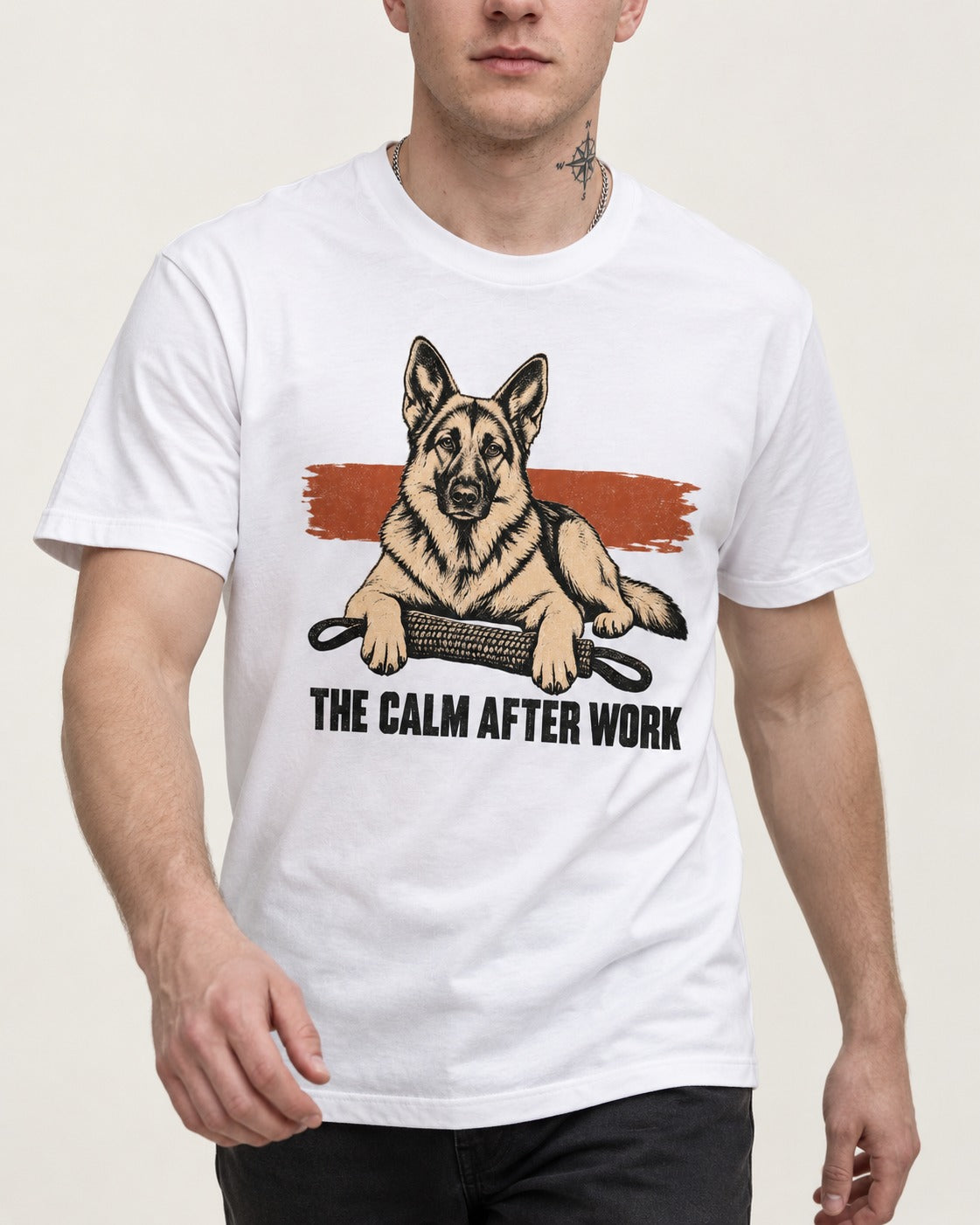 German Shepherd Dog The Calm After Work T-Shirt in White, worn by a model, front view