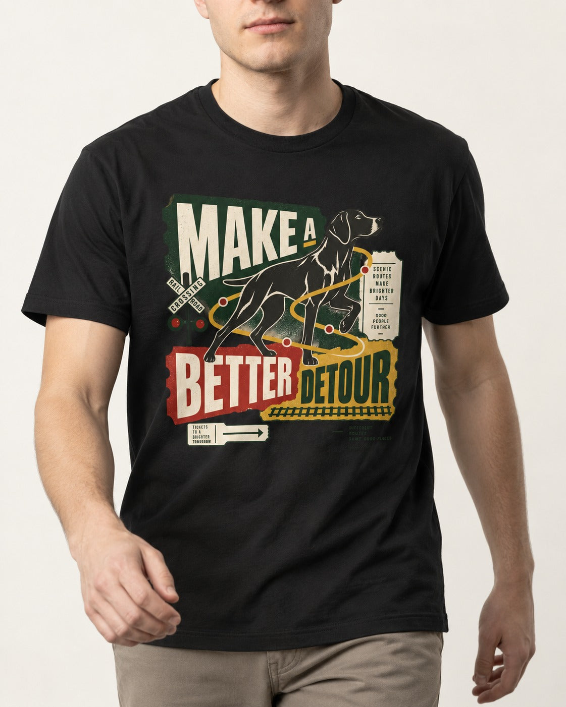 German Shorthaired Pointer Make a Better Detour Railroad Graphic T-Shirt in Black, worn by a model, front view