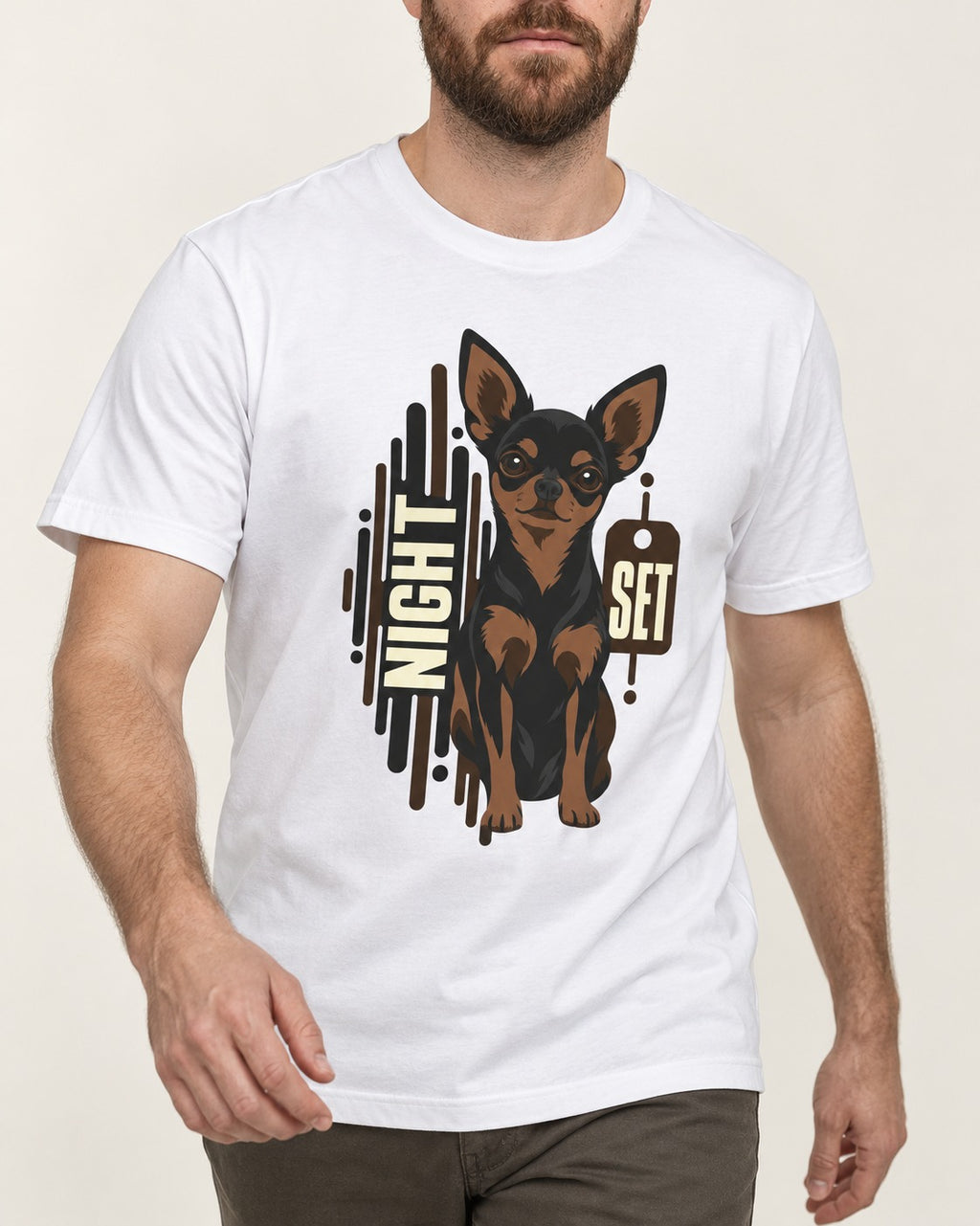 Chihuahua Night Set T-Shirt in White, worn by a model, front view
