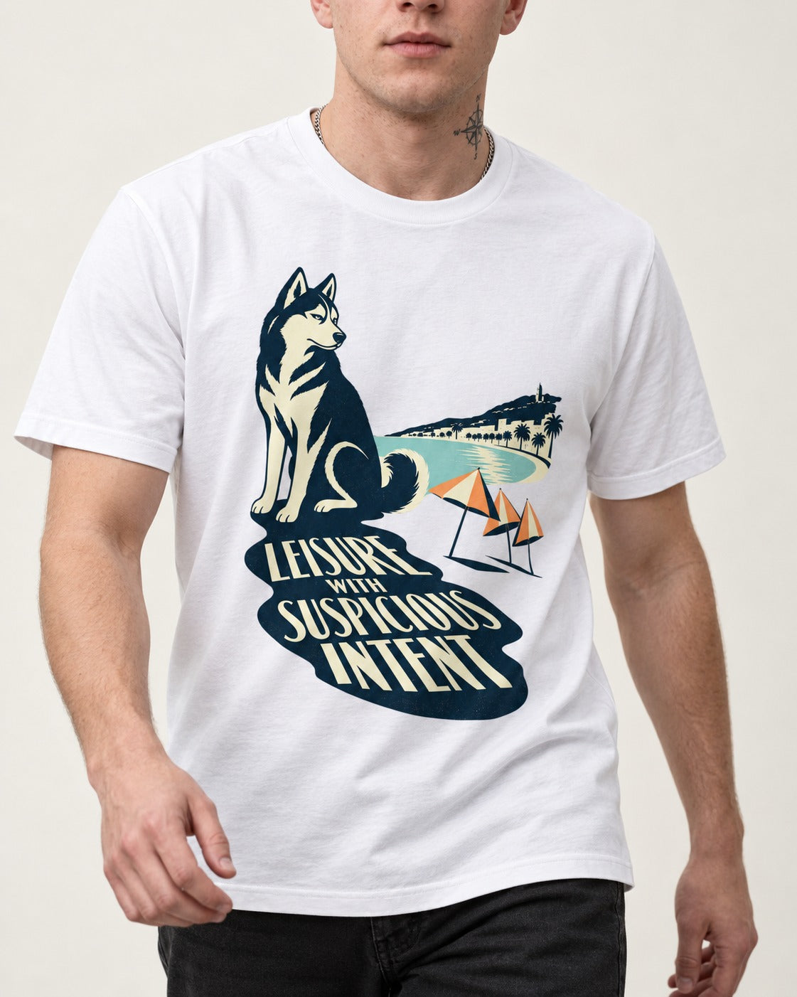 Husky Leisure with Suspicious Intent T-Shirt in White, worn by a model, front view