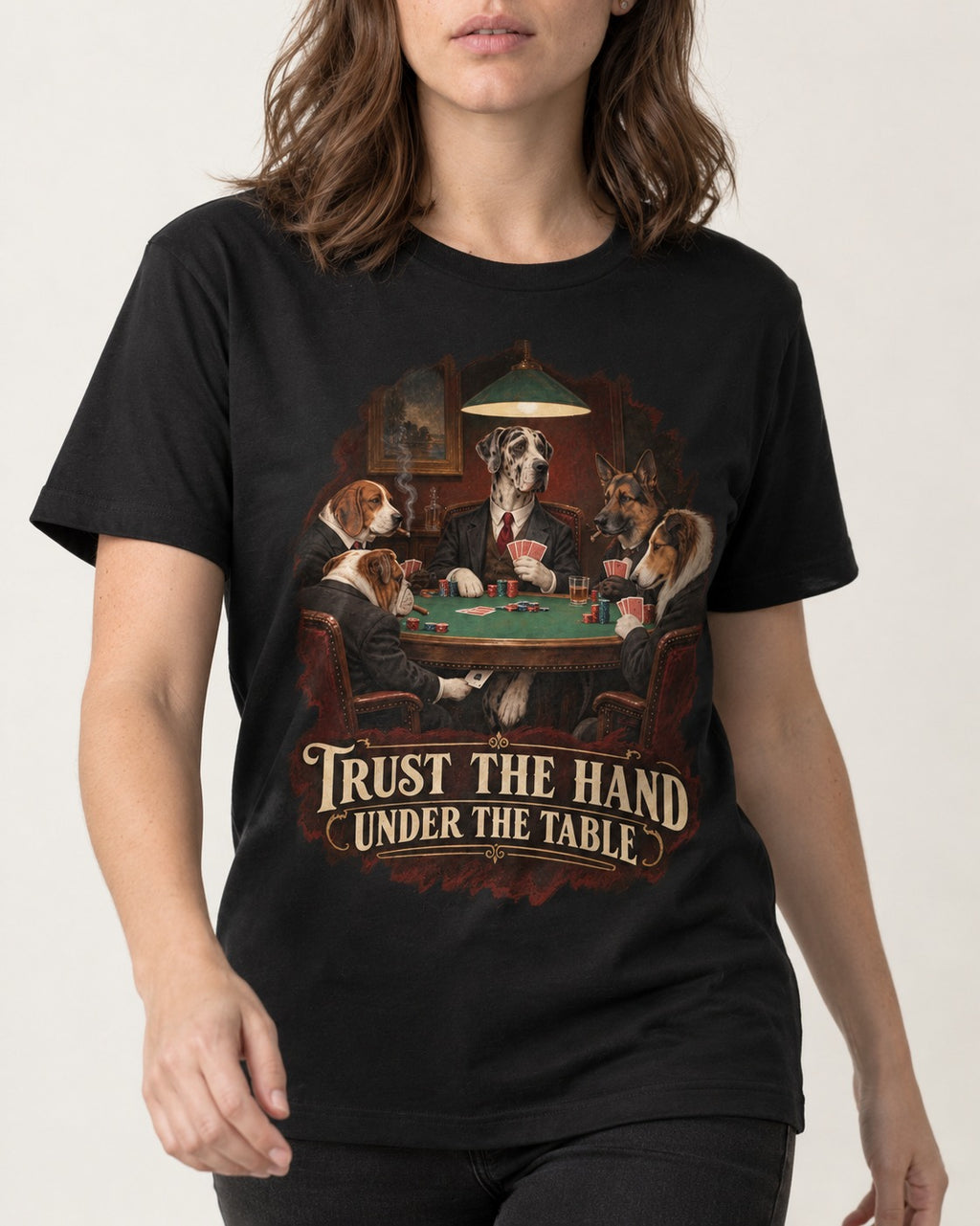 Great Dane Trust the Hand Under the Table Poker Graphic T-Shirt in Black, worn by a model, front view