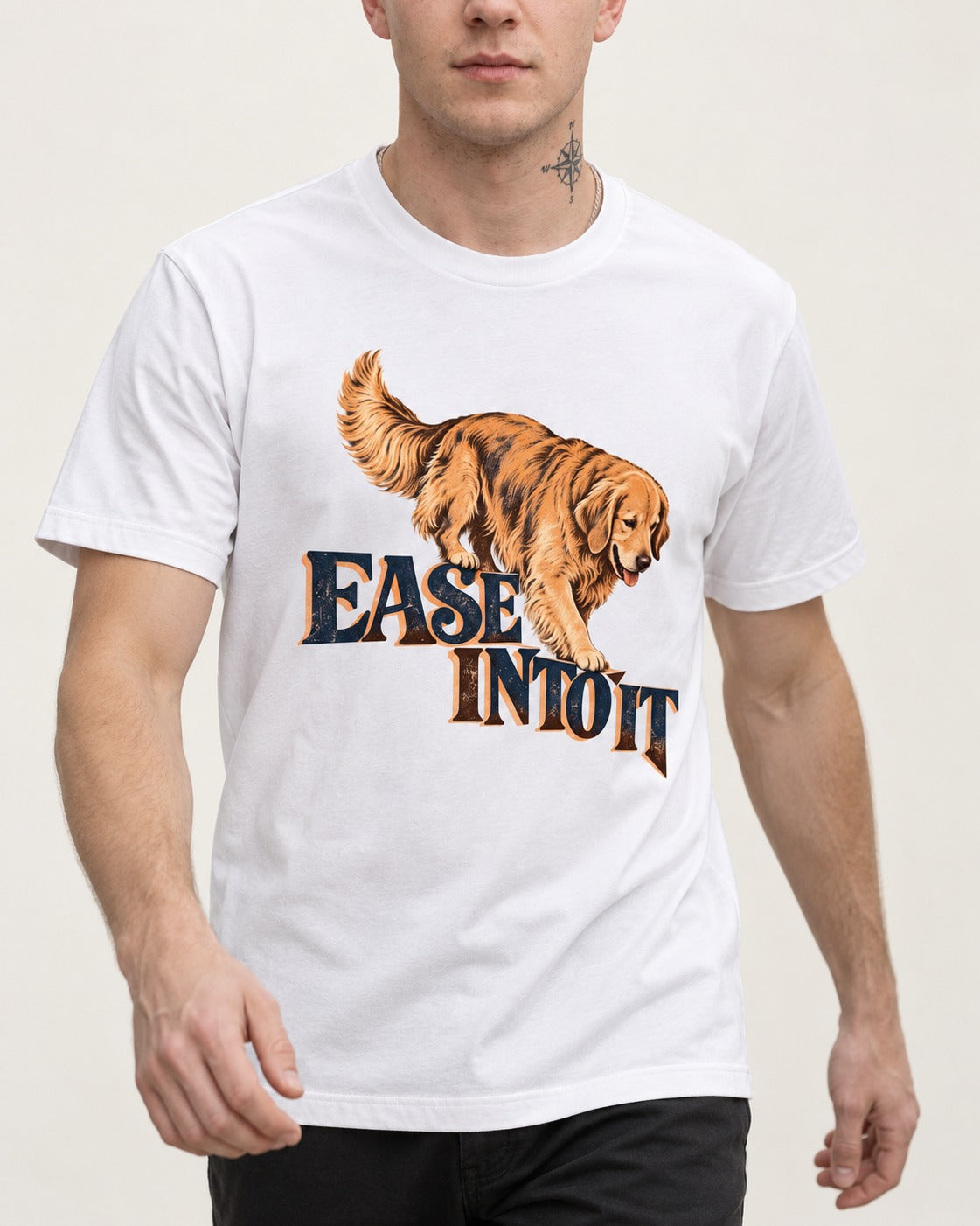 Golden Retriever Ease Into It T-Shirt in White, worn by a model, front view