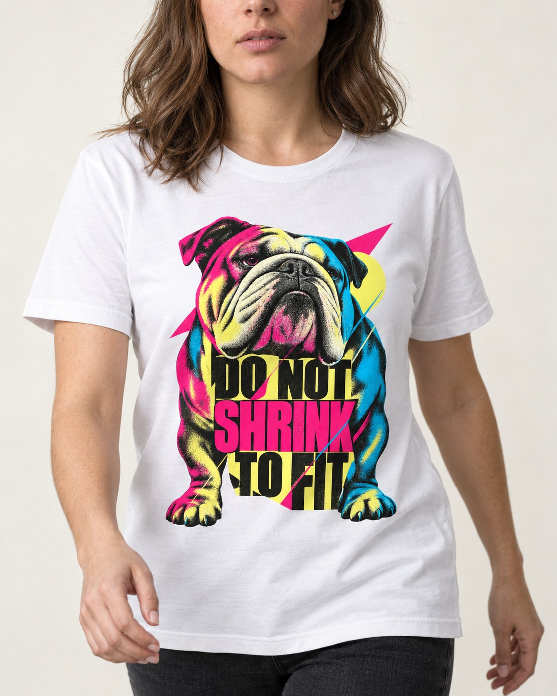 English Bulldog Don't Shrink to Fit T-Shirt in White, worn by a model, front view