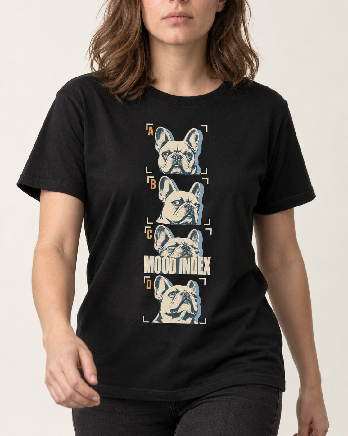Frenchie Mood Index Four-Panel Strip Graphic T-Shirt in Black, worn by a model, front view