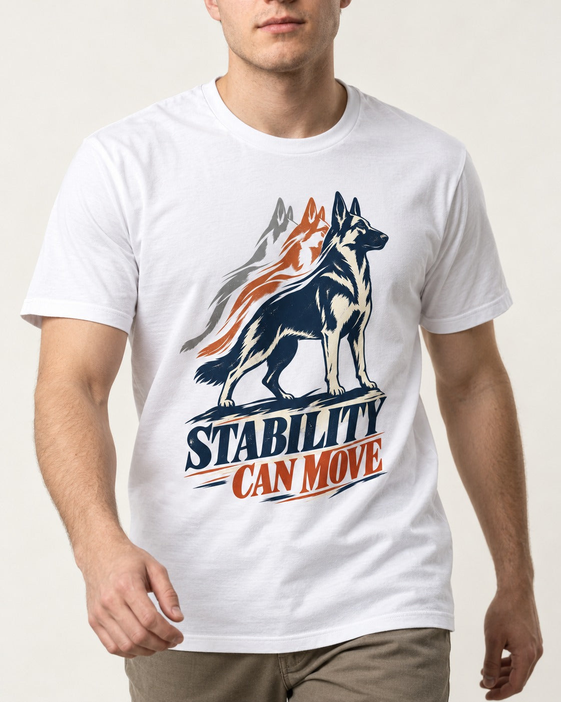 Stability Can Move German Shepherd Dog T-Shirt in White, worn by a model, front view