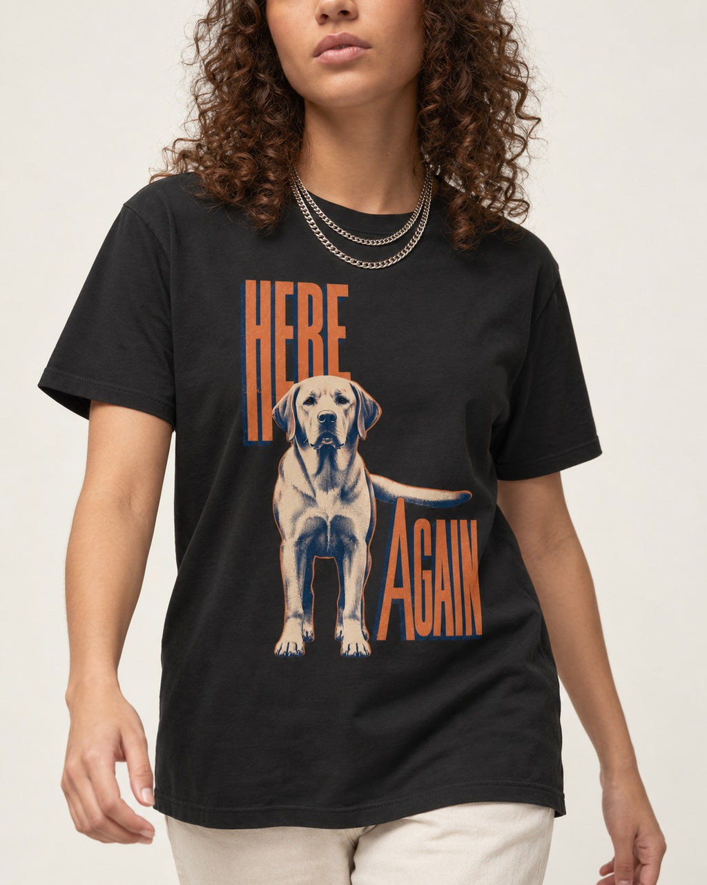 Labrador Retriever Here Again Standing Typography Graphic T-Shirt in Black, worn by a model, front view