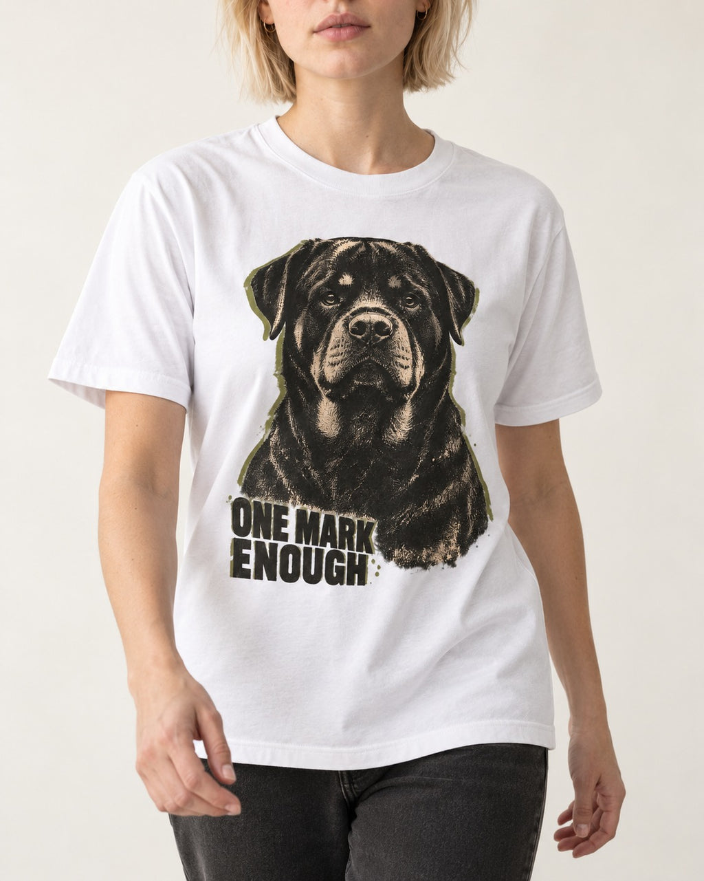 Rottweiler One Mark Enough T-Shirt in White, worn by a model, front view