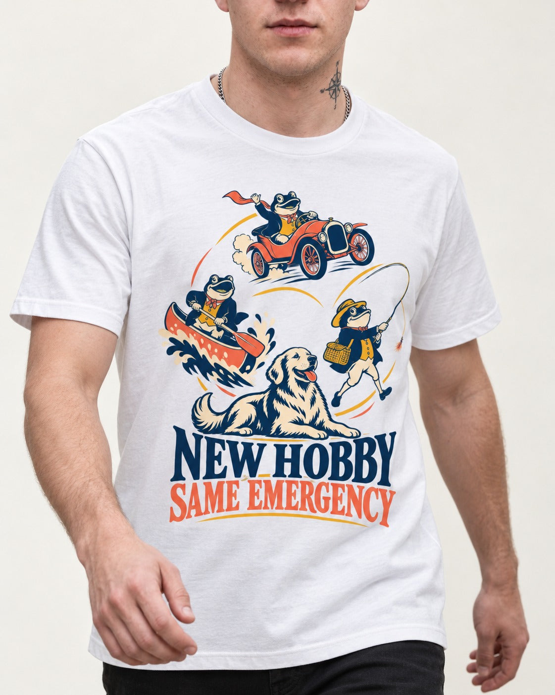 Golden Retriever New Hobby Same Emergency T-Shirt in White, worn by a model, front view