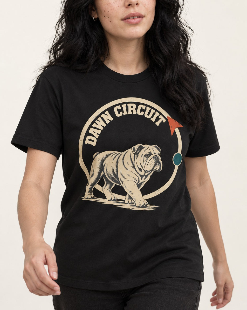 English Bulldog Dawn Circuit Emblem T-Shirt in Black, worn by a model, front view