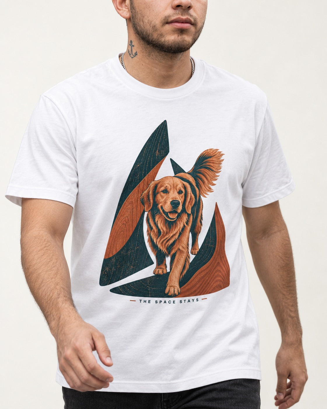 The Golden Retriever Space Stays T-Shirt in White, worn by a model, front view