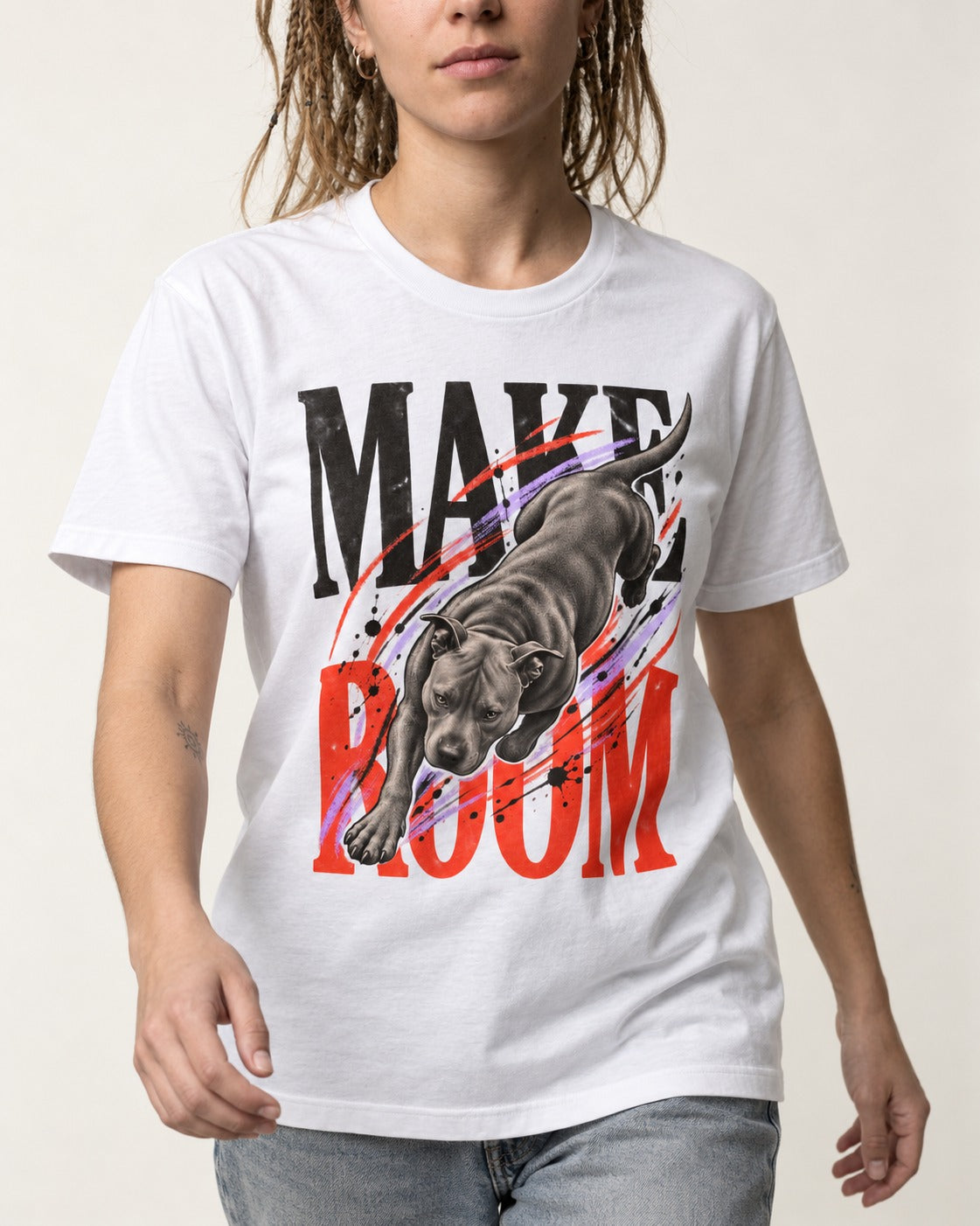 Make Room for Pitbull T-Shirt in White, worn by a model, front view