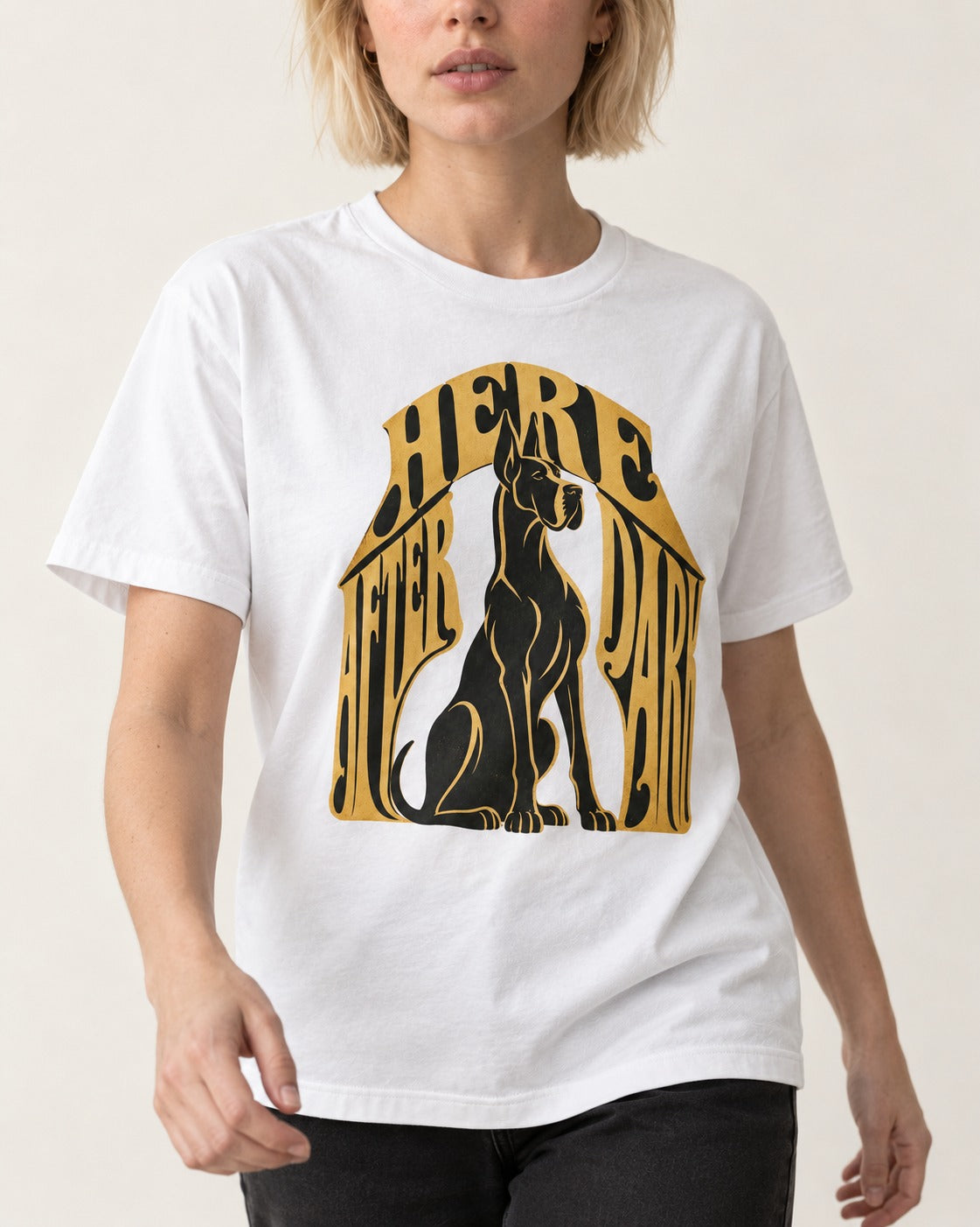 Great Dane Here After Dark T-Shirt in White, worn by a model, front view