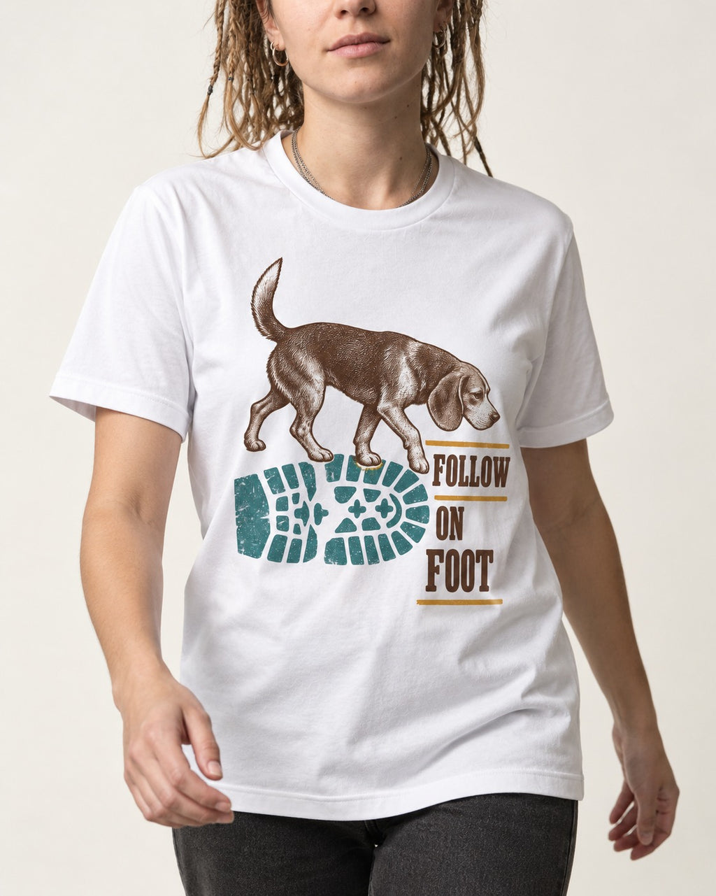 Follow the Beagle on Foot T-Shirt in White, worn by a model, front view