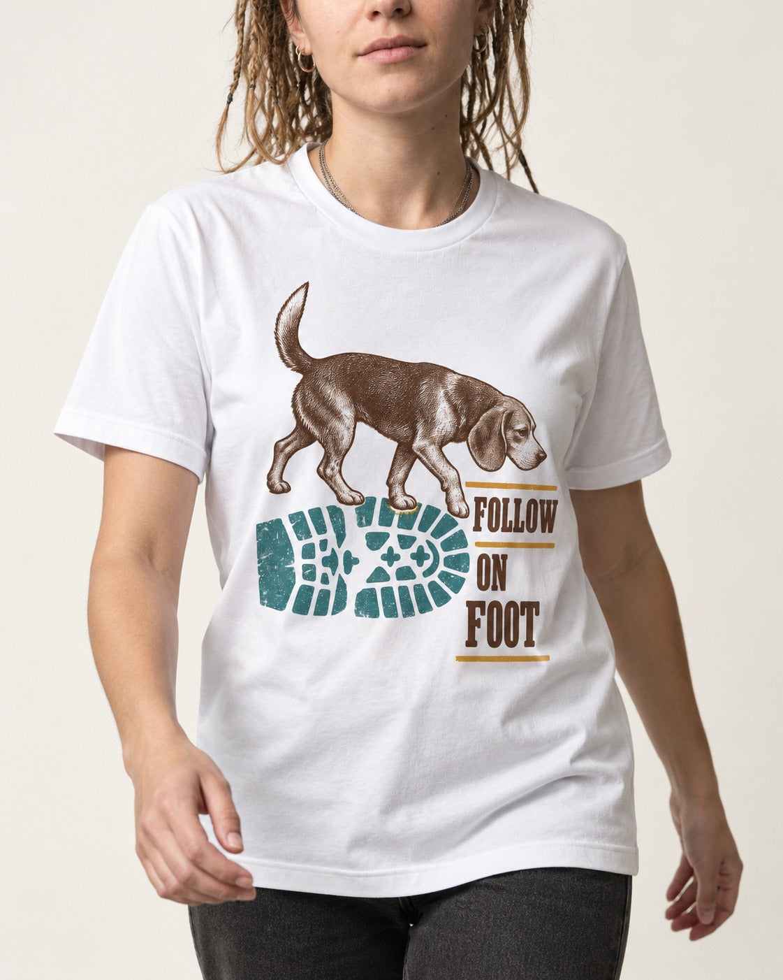 Follow the Beagle on Foot T-Shirt in White, worn by a model, front view