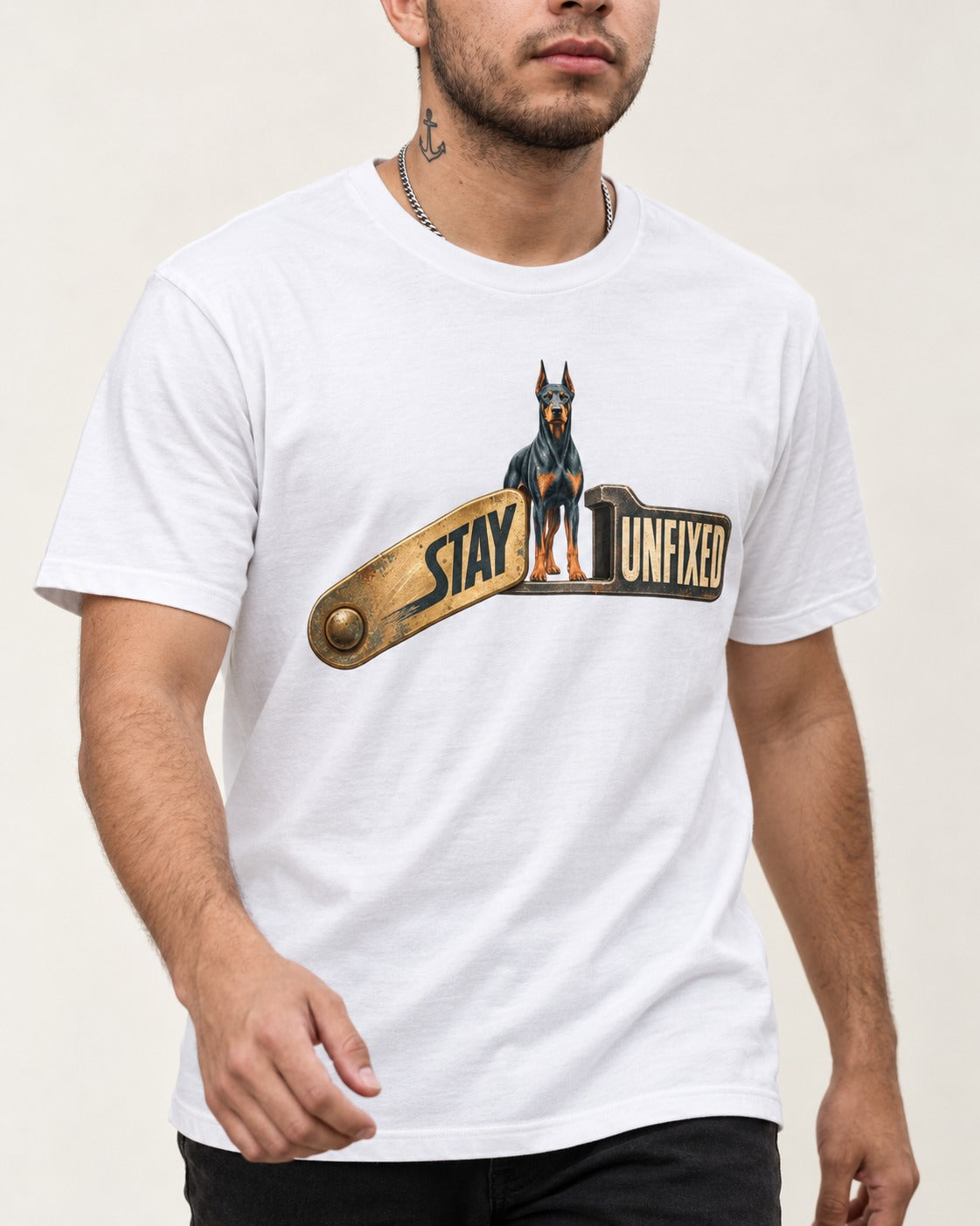 Doberman Stay Unfixed T-Shirt in White, worn by a model, front view