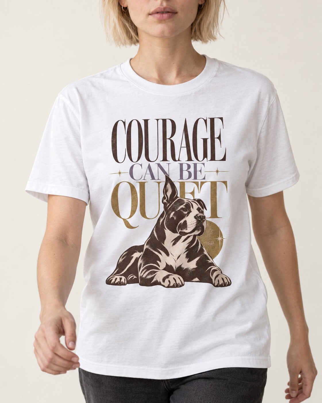 Pitbull Courage Can Be Quiet T-Shirt in White, worn by a model, front view