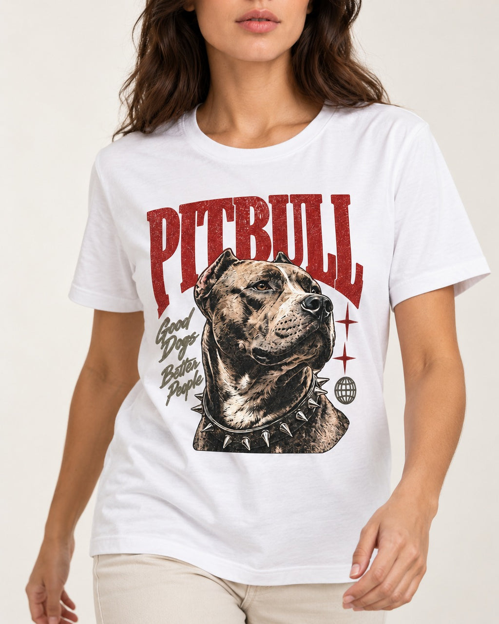 Pitbull Makes Better People T-Shirt in White, worn by a model, front view
