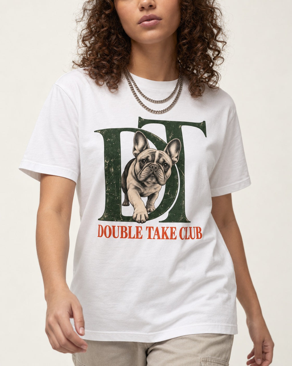 Frenchie Double Take Club T-Shirt in White, worn by a model, front view