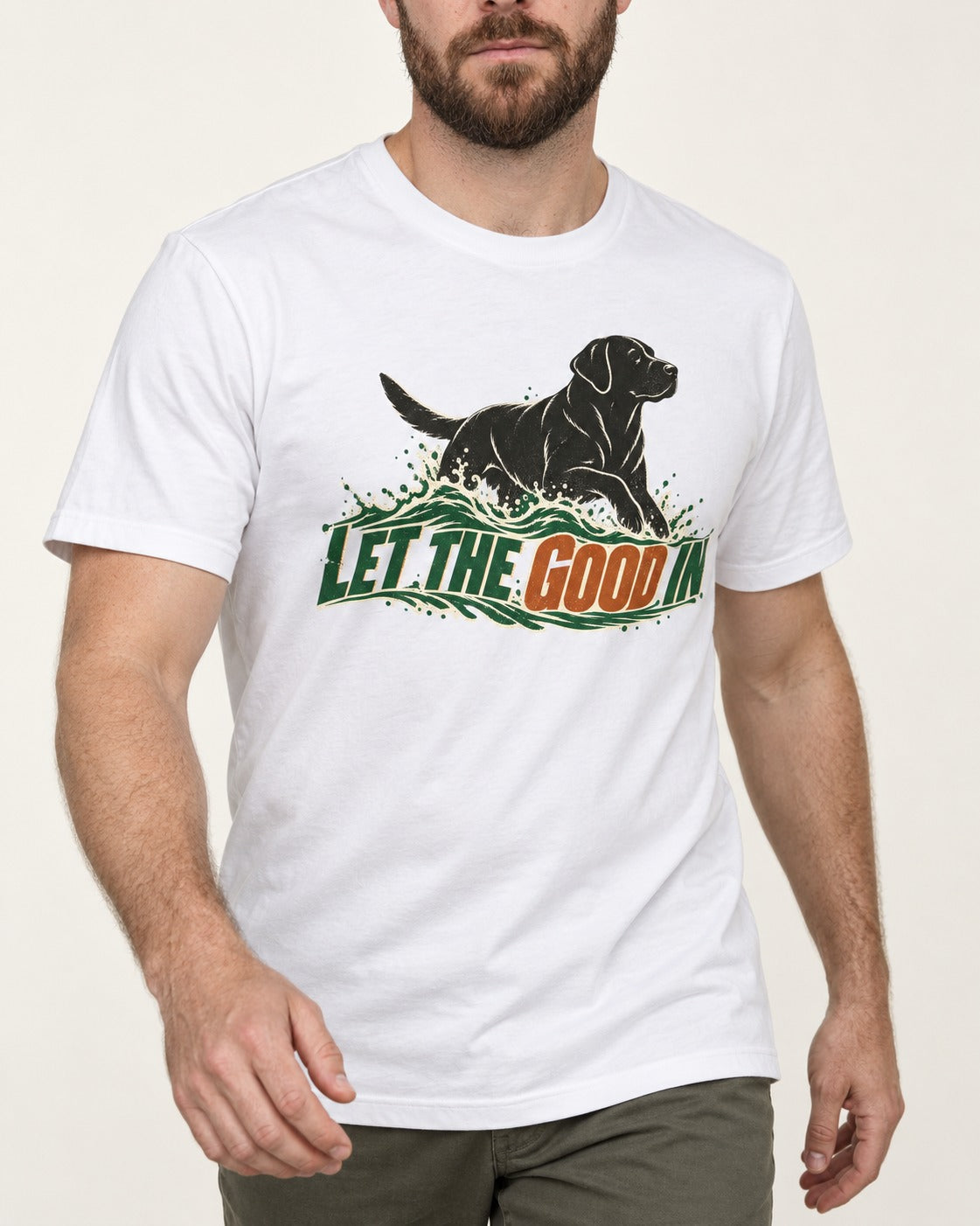 Labrador Retriever Let the Good In T-Shirt in White, worn by a model, front view