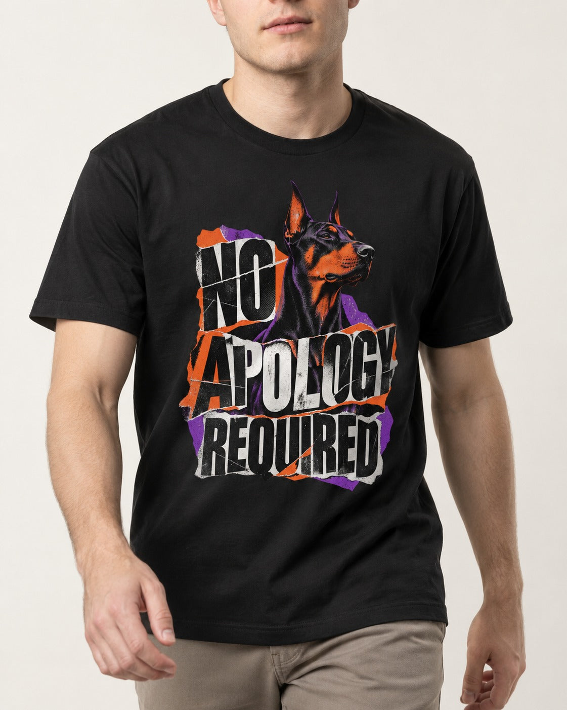 Doberman No Apology Required Torn Paper Graphic T-Shirt in Black, worn by a model, front view