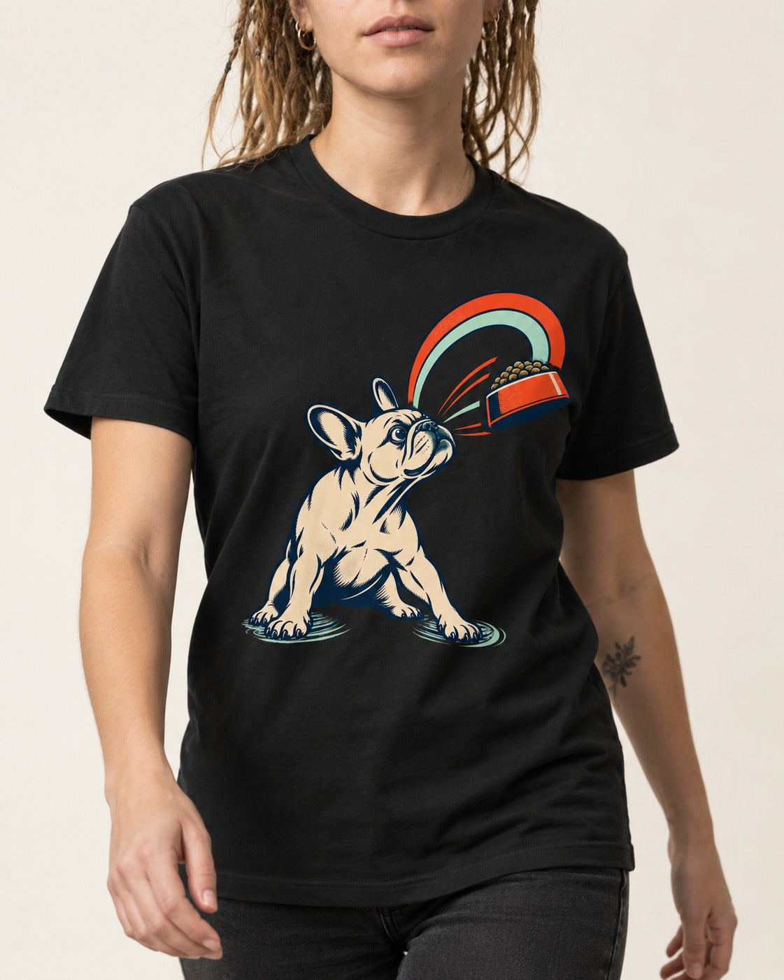 Frenchie Dinner Magnet Graphic T-Shirt in Black, worn by a model, front view