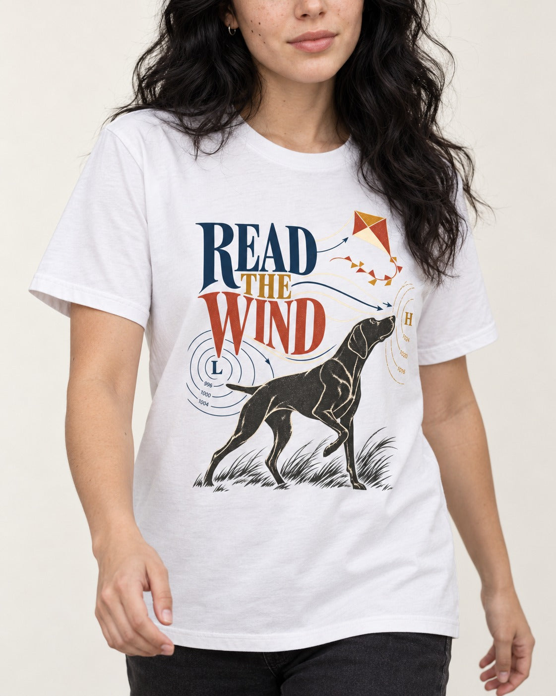 Read the Wind German Shorthaired Pointer T-Shirt in White, worn by a model, front view